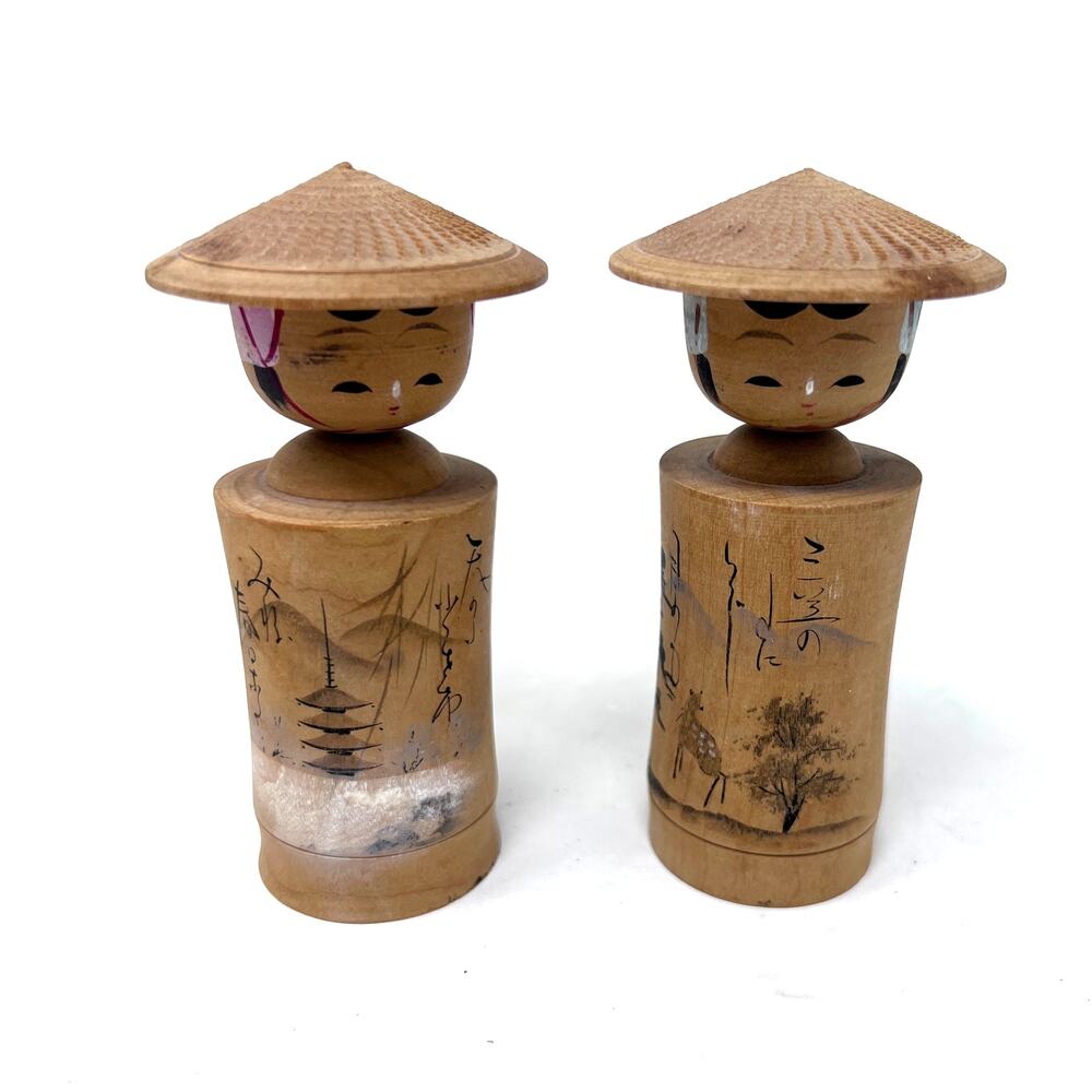Kokeshi Dolls Vintage Japan‎ Folk Art 4.5" Bobble head Wooden Umbrella Hats